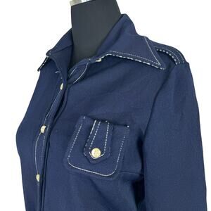 Vintage Jonathan Logan Navy Shirt Contrast Stitch Gingham Collar Mod 70s Western